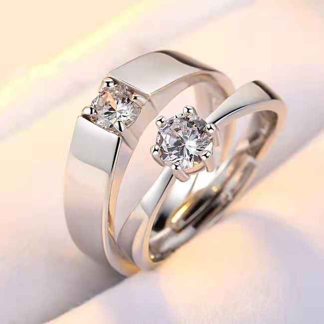 Minimal 925 Sterling Silver CZ Wedding Couple Ring Set